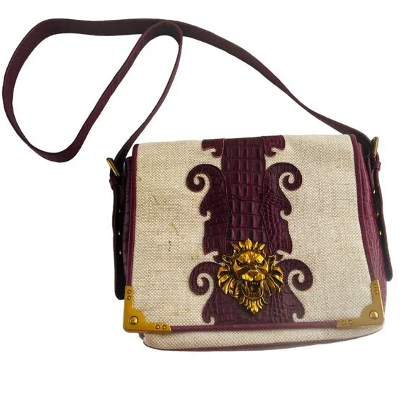 Sharif Canvas & Crocodile Leather Crossbody Bag With Lion Head Accent - Picture 1 of 13